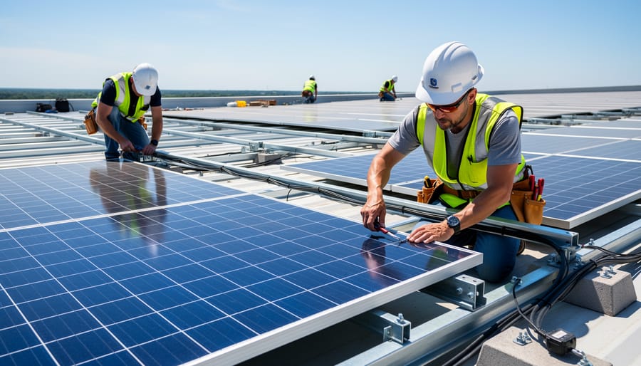 Installer tightening solar panel mounting hardware with gloved hands on a roof